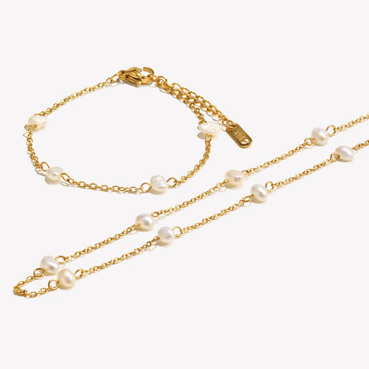 EBbelle Anti-allergie roestvrijstalen zoetwaterparelketting, armbanden voor dames, vergulde sieradenset