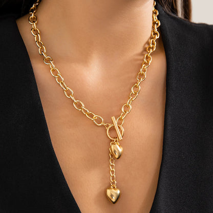 Bold Chunky Chain Link Dual Heart Lariat Necklace & Bracelet