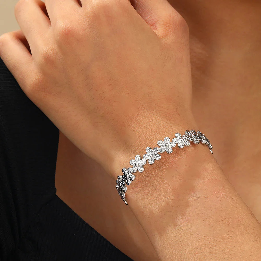 Textured Floral Bangle Cuff Bracelet