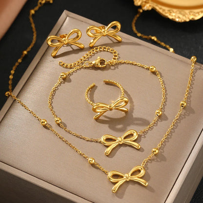 Feminine Bow Satellite Chain Necklace, Bracelet, Earrings, and Ring Set