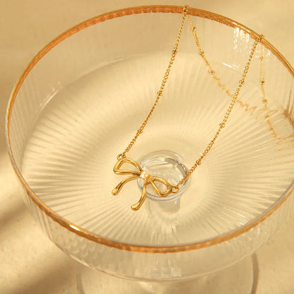 18k Feminine Bow Herringbone & Dainty Pearl Necklace