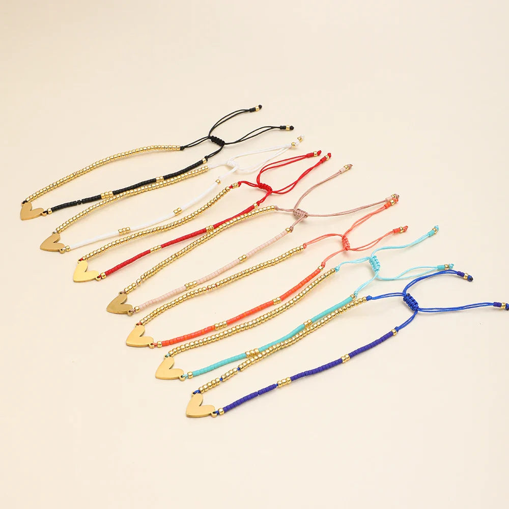 Adjustable Dainty Beaded Flat Heart Bracelet