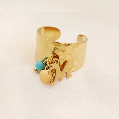 Dainty Adjustable Letter Initial & Heart Pendant Ring