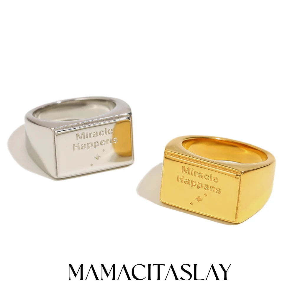 MamacitaSlay 316L roestvrij staal "Miracle Happens" letterring, waterdichte sieraden, klassieke bedelring voor dames, cadeau voor 2025