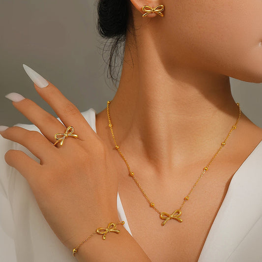 Feminine Bow Satellite Chain Necklace, Bracelet, Earrings, and Ring Set