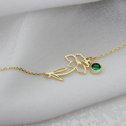 Dainty Birth Flower & Birthstone Chain Bracelet