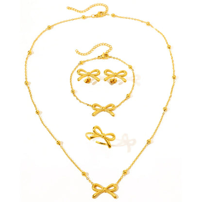 Feminine Bow Satellite Chain Necklace, Bracelet, Earrings, and Ring Set