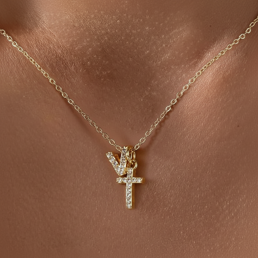 Dainty Diamond Initial & Cross Necklace