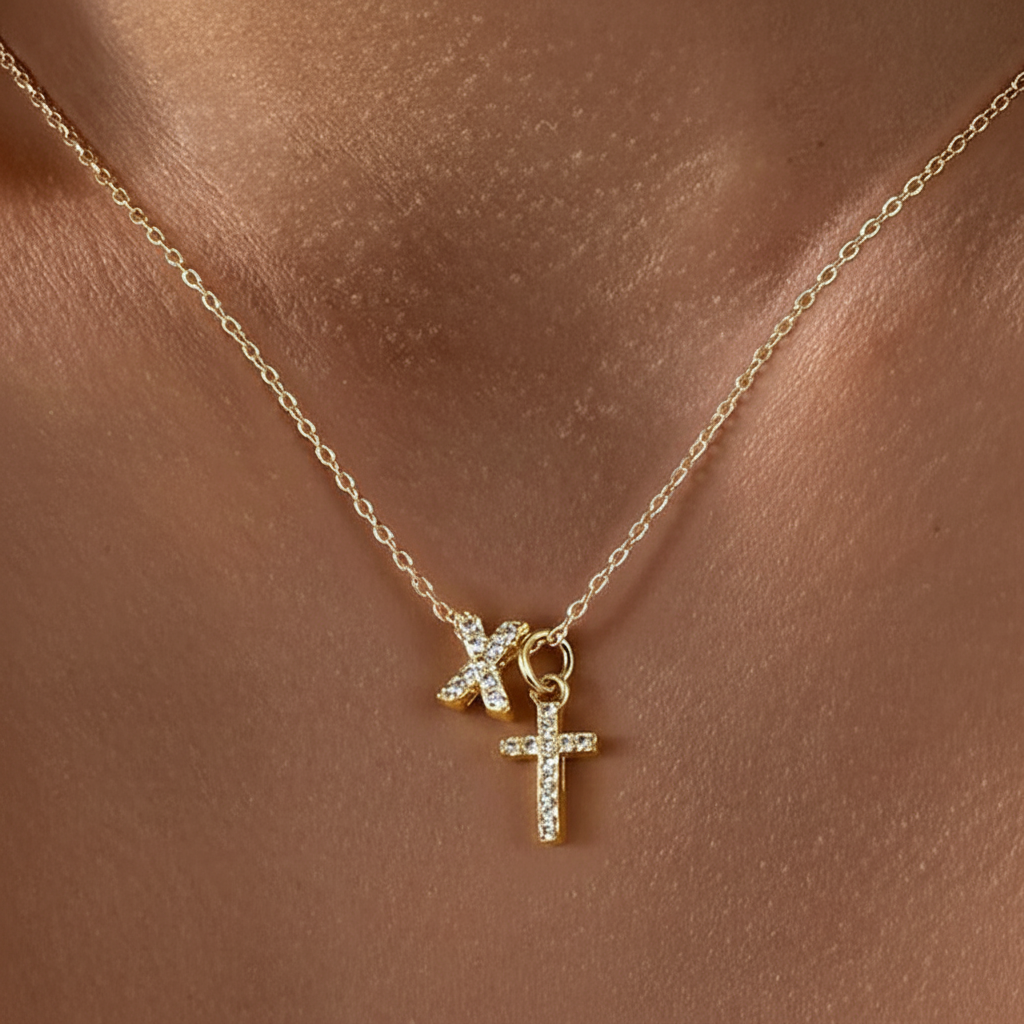 Dainty Diamond Initial & Cross Necklace
