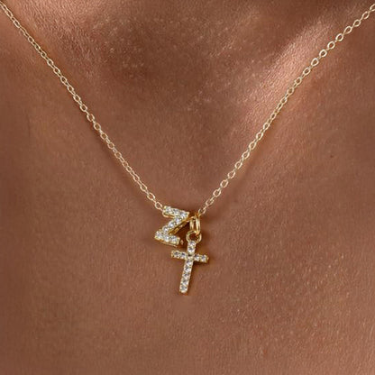 Dainty Diamond Initial & Cross Necklace