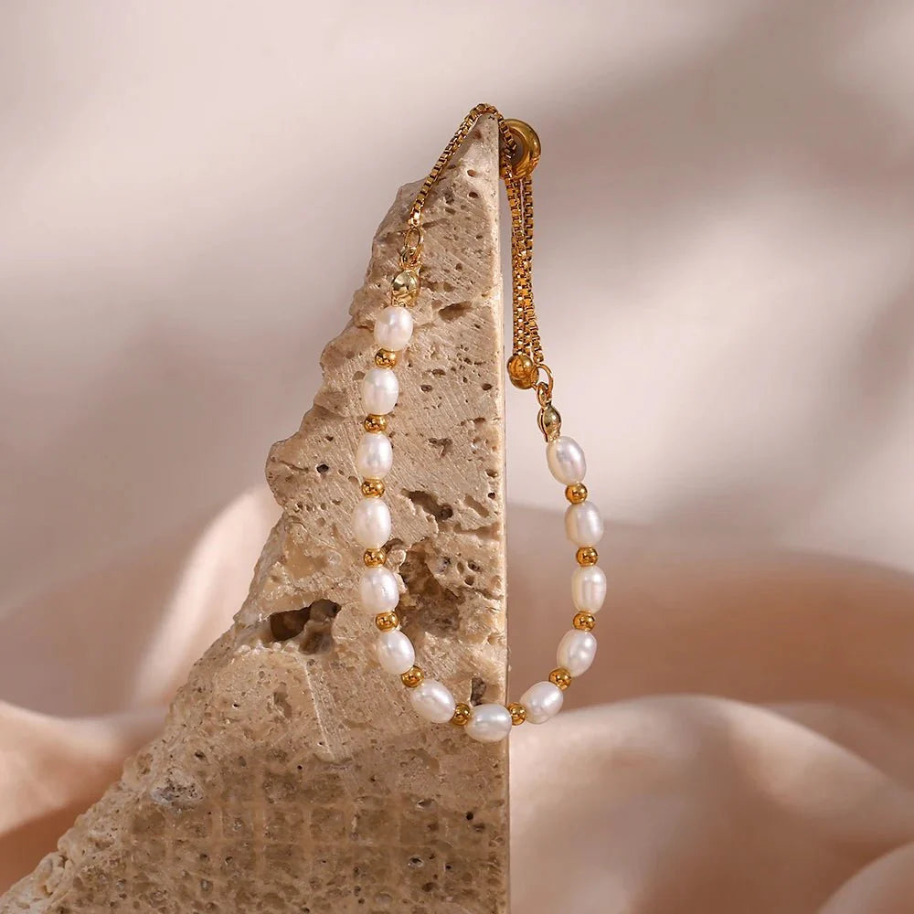 Adjustable Gold Accented Pearl Bracelet
