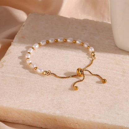 Adjustable Gold Accented Pearl Bracelet