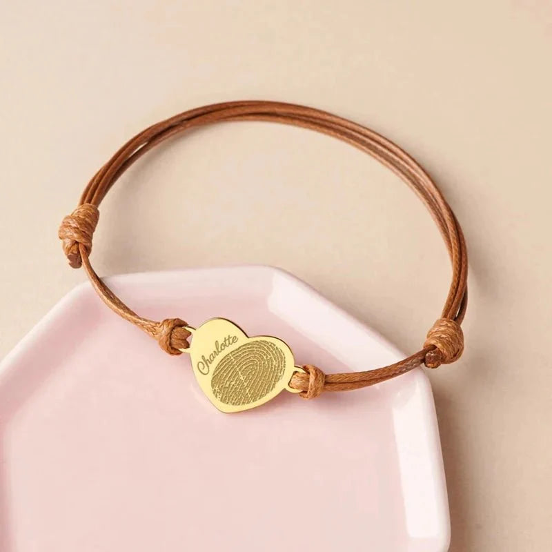 Adjustable Heart Custom Name & Fingerprint Rope Bracelet