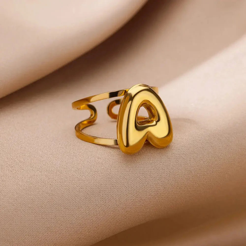 Adjustable Open Band Bubble Letter Initial Ring