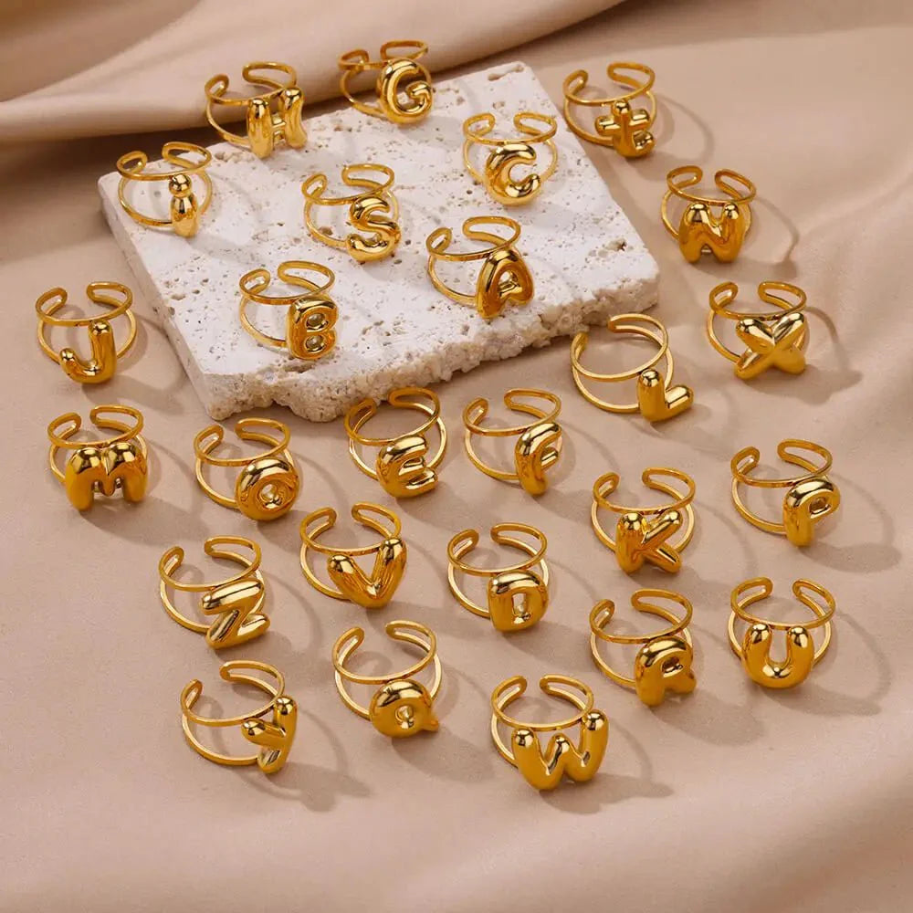 Adjustable Open Band Bubble Letter Initial Ring