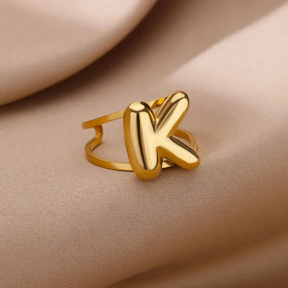 Adjustable Open Band Bubble Letter Initial Ring