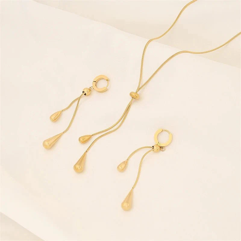 Adjustable Pull Droplet Lariat Necklace and Earrings