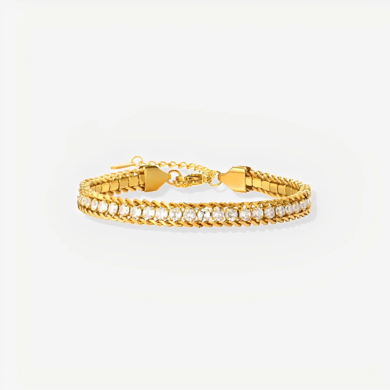 Gold bracelet with heart-shaped clasps on a light gray background