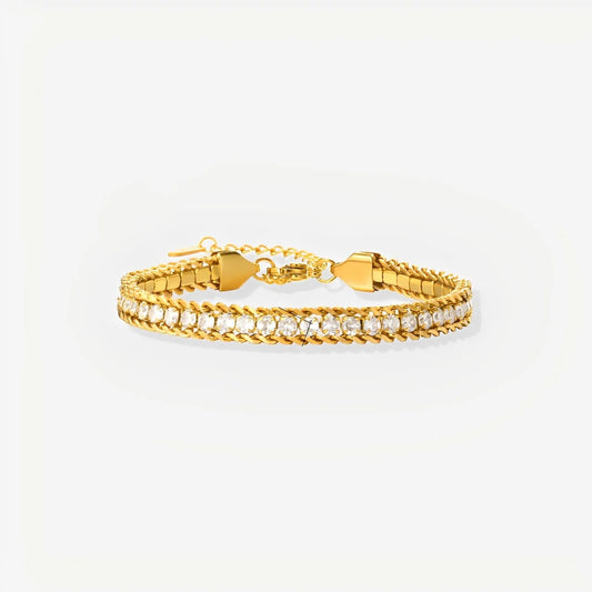 Gold bracelet with heart-shaped clasps on a light gray background