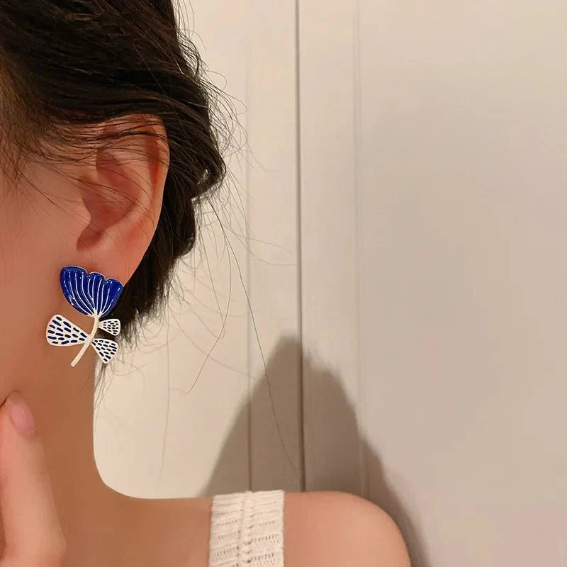 Artistic Blue & White Floral Earrings
