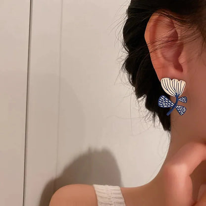 Artistic Blue & White Floral Earrings