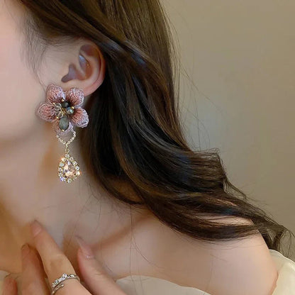 Asymmetrical Oriental Hibiscus Crystal Earrings