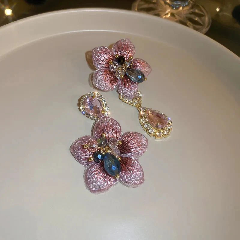 Asymmetrical Oriental Hibiscus Crystal Earrings