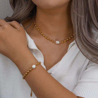 Beaded Gold Dainty Pearl Bracelet and Necklace