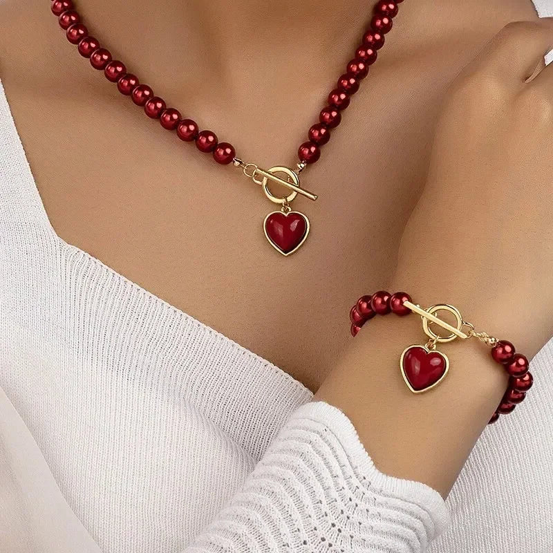 Beaded Heart Pendant Bracelet and Necklace Set