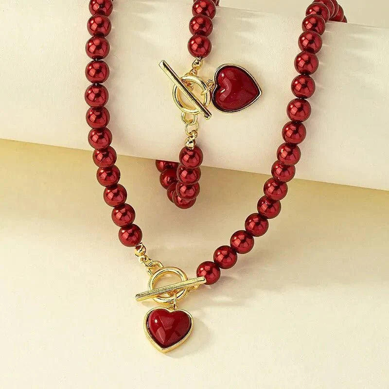 Beaded Heart Pendant Bracelet and Necklace Set