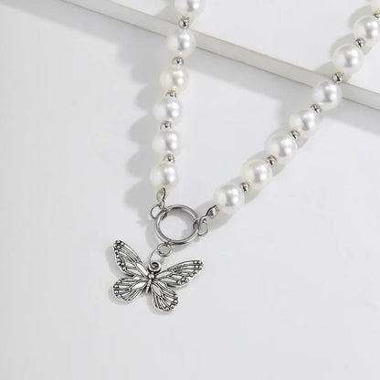 Beaded Pearl Butterfly Pendant Choker Necklace
