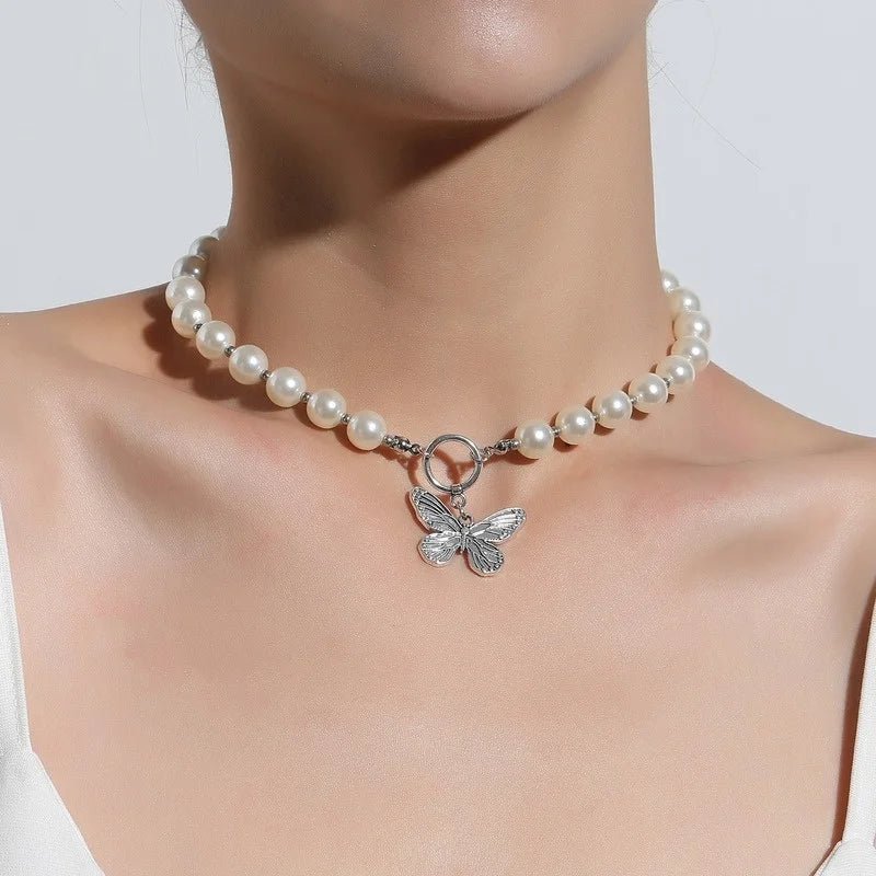 Beaded Pearl Butterfly Pendant Choker Necklace