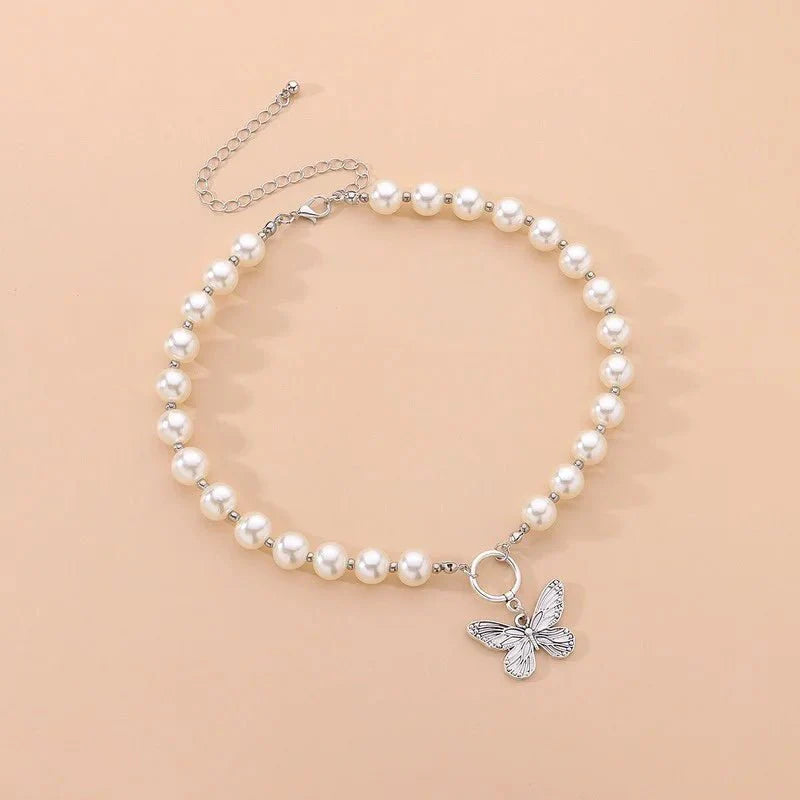 Beaded Pearl Butterfly Pendant Choker Necklace