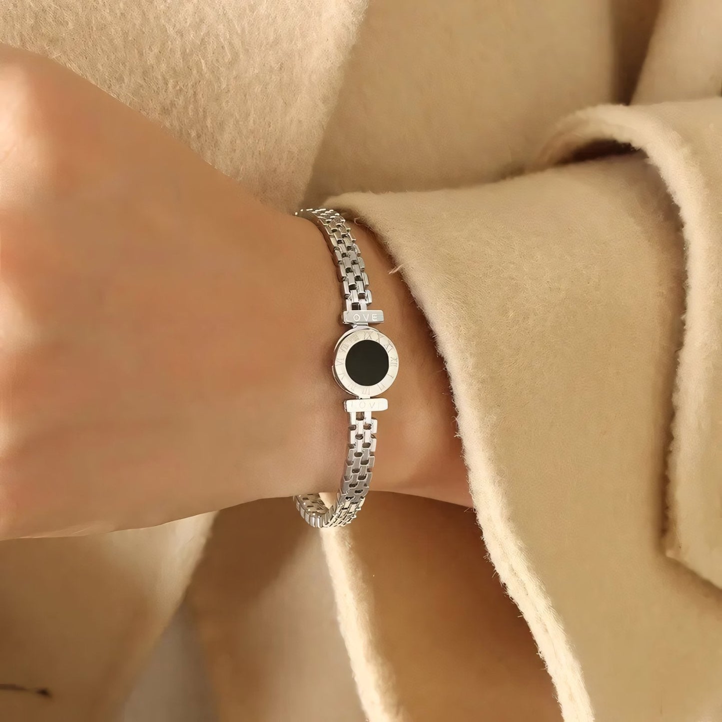 Black Center Roman Numeral Accented Bangle Bracelet