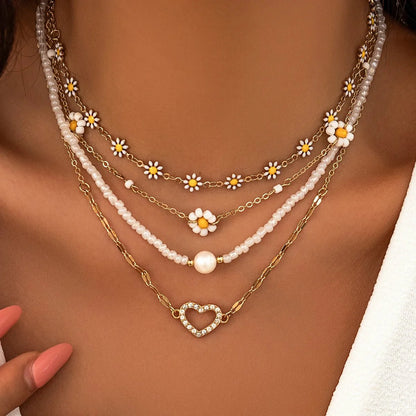 Boho Spring Daisy Necklace Stack