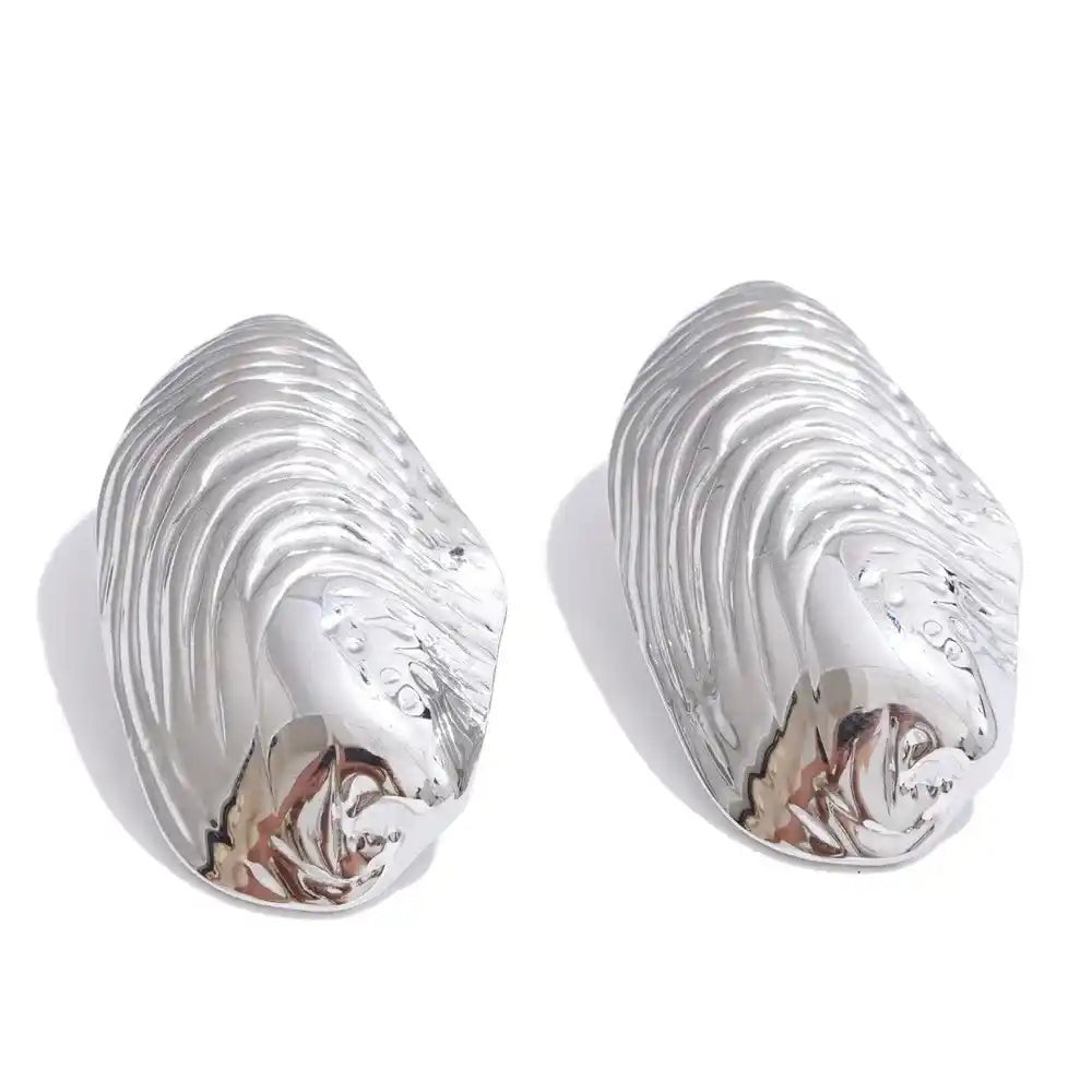 Silver wave-shaped earrings on a white background