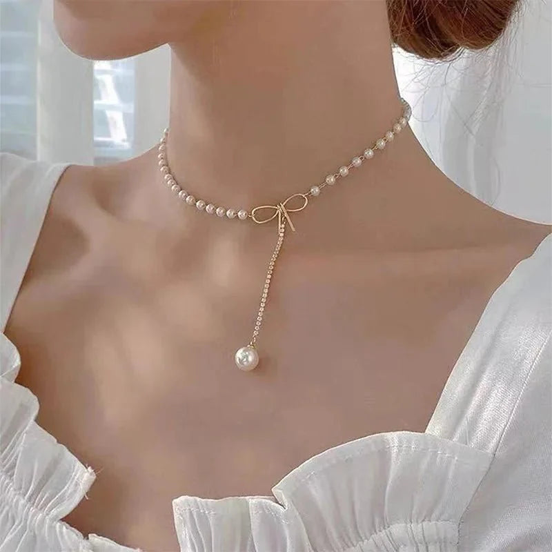 Bow Pearl Drop Choker Necklace