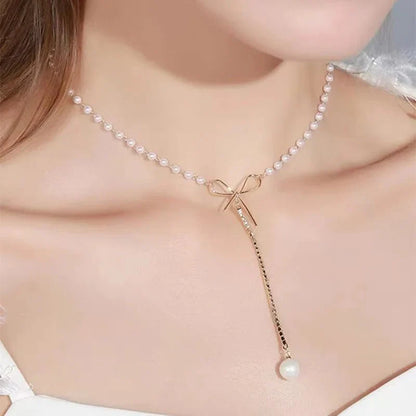 Bow Pearl Drop Choker Necklace
