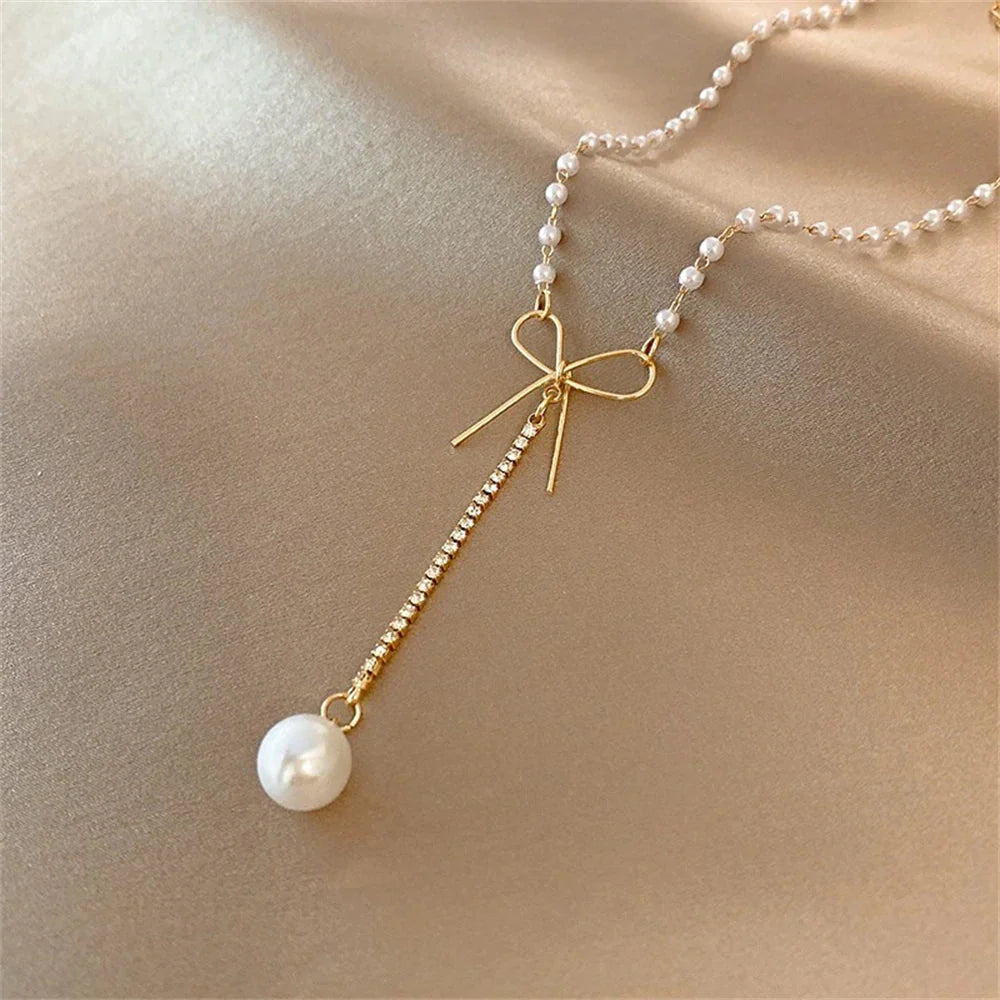 Bow Pearl Drop Choker Necklace