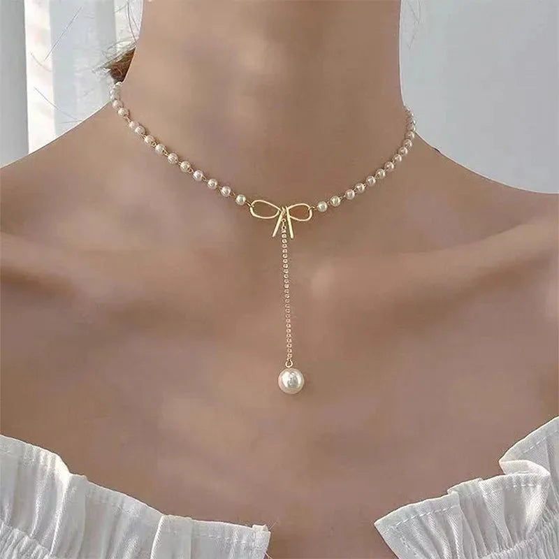 Bow Pearl Drop Choker Necklace