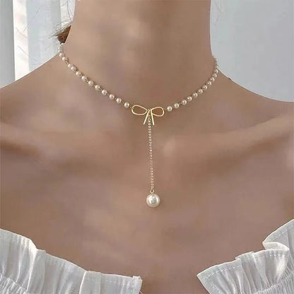 Bow Pearl Drop Choker Necklace