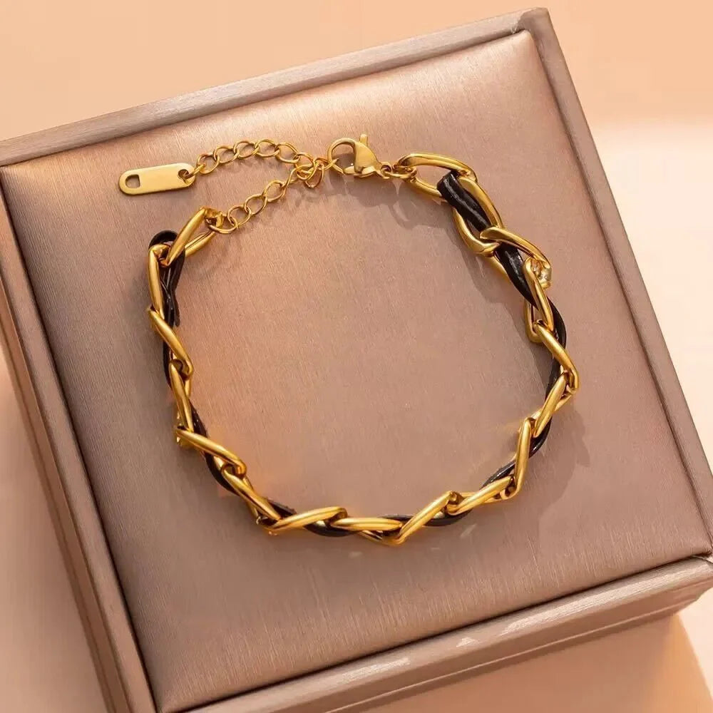 Braided Gold and Black Chain Leather Bracelet