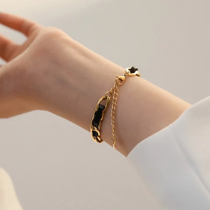 Braided Gold and Black Chain Leather Bracelet