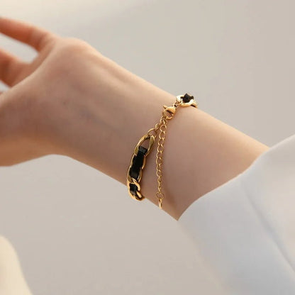 Braided Gold and Black Chain Leather Bracelet