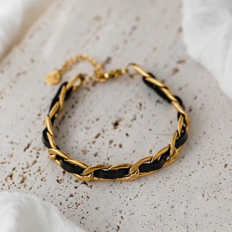 Braided Gold and Black Chain Leather Bracelet