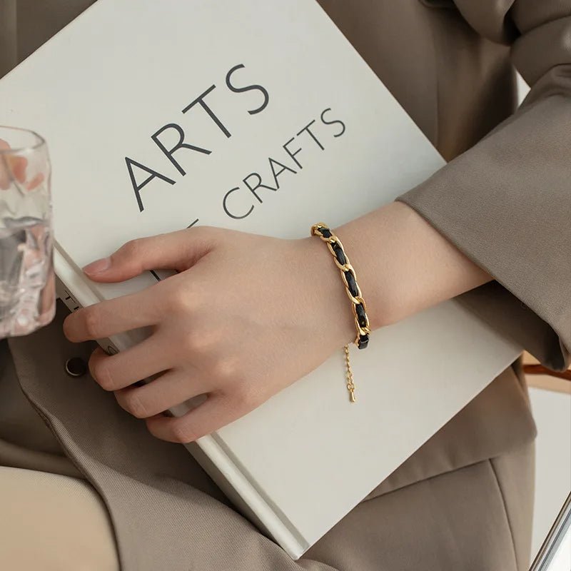 Braided Gold and Black Chain Leather Bracelet