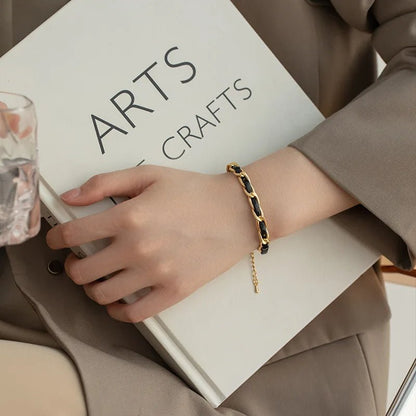 Braided Gold and Black Chain Leather Bracelet