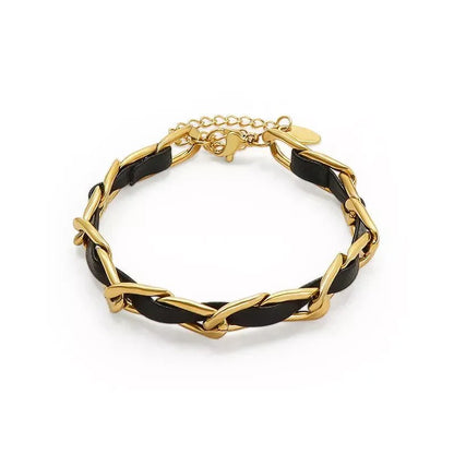Braided Gold and Black Chain Leather Bracelet