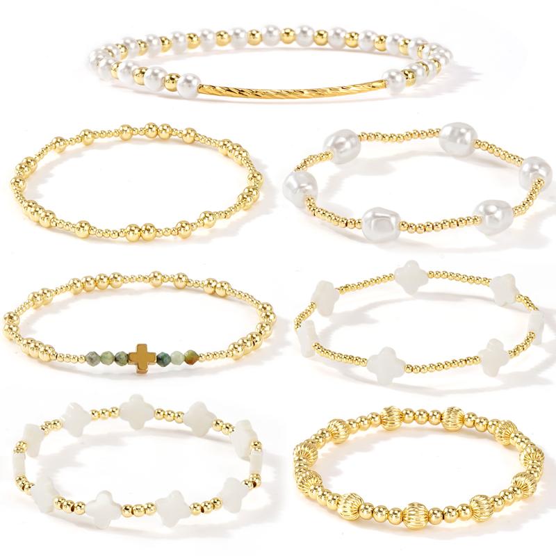 7pc Dainty Gold & Pearl Beaded Bracelet Stack