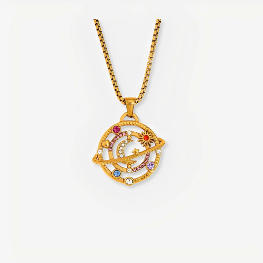Gold necklace with a colorful pendant on a white background